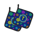 Letter T Initial Monogram - Blue Swirls Pot Holder Set of 2 Heat Resistant Quilted Hot Pads 7.5 x 7.5 Inch, Insulated Kitchen Trivets for Cooking & Baking