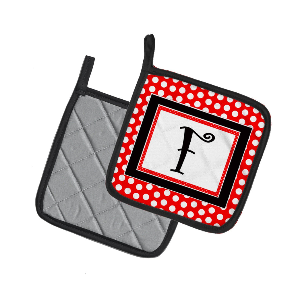 Letter F Initial  - Red Black Polka Dots Pot Holder Set of 2 Heat Resistant Quilted Hot Pads 7.5 x 7.5 Inch, Insulated Kitchen Trivets for Cooking & Baking