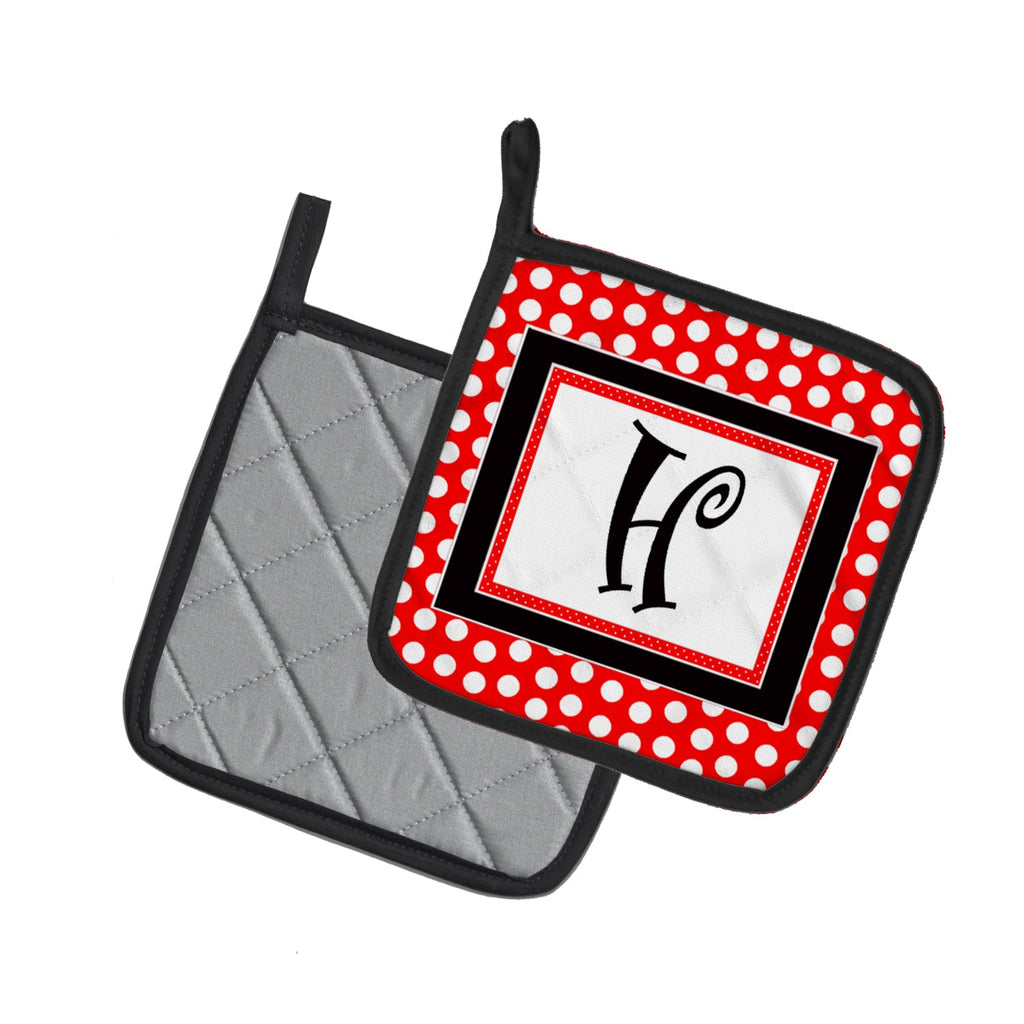 Letter H Initial  - Red Black Polka Dots Pot Holder Set of 2 Heat Resistant Quilted Hot Pads 7.5 x 7.5 Inch, Insulated Kitchen Trivets for Cooking & Baking