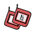 Letter K Initial  - Red Black Polka Dots Pot Holder Set of 2 Heat Resistant Quilted Hot Pads 7.5 x 7.5 Inch, Insulated Kitchen Trivets for Cooking & Baking