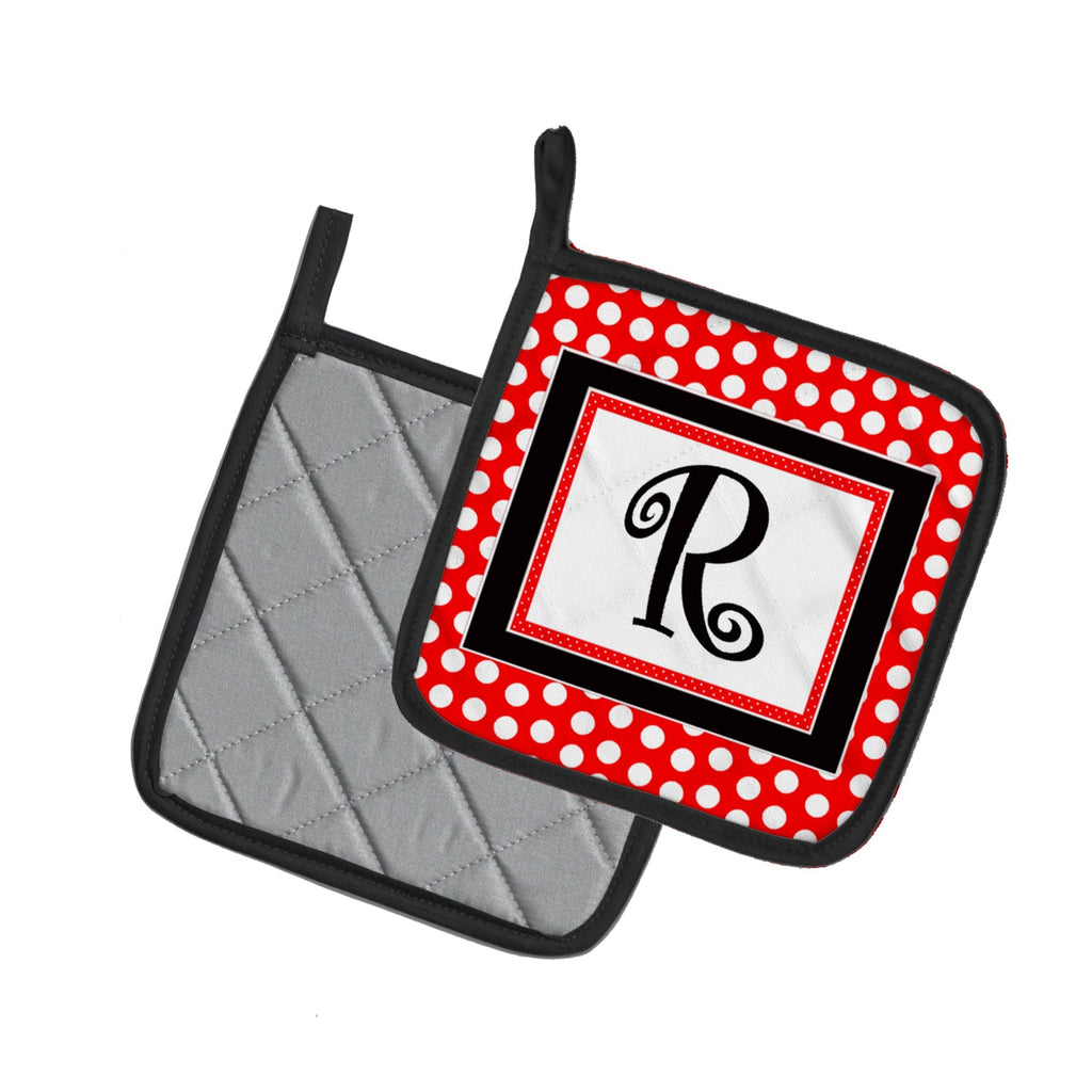 Letter R Initial  - Red Black Polka Dots Pot Holder Set of 2 Heat Resistant Quilted Hot Pads 7.5 x 7.5 Inch, Insulated Kitchen Trivets for Cooking & Baking