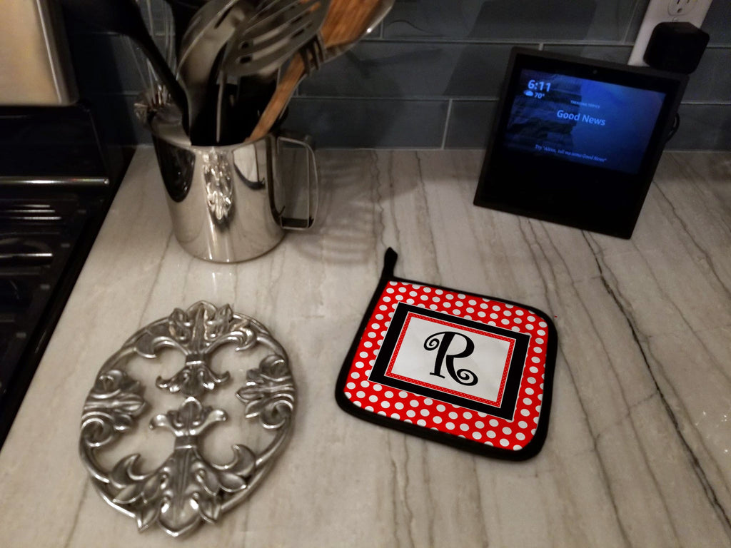 Letter R Initial  - Red Black Polka Dots Pot Holder Set of 2 Heat Resistant Quilted Hot Pads 7.5 x 7.5 Inch, Insulated Kitchen Trivets for Cooking & Baking