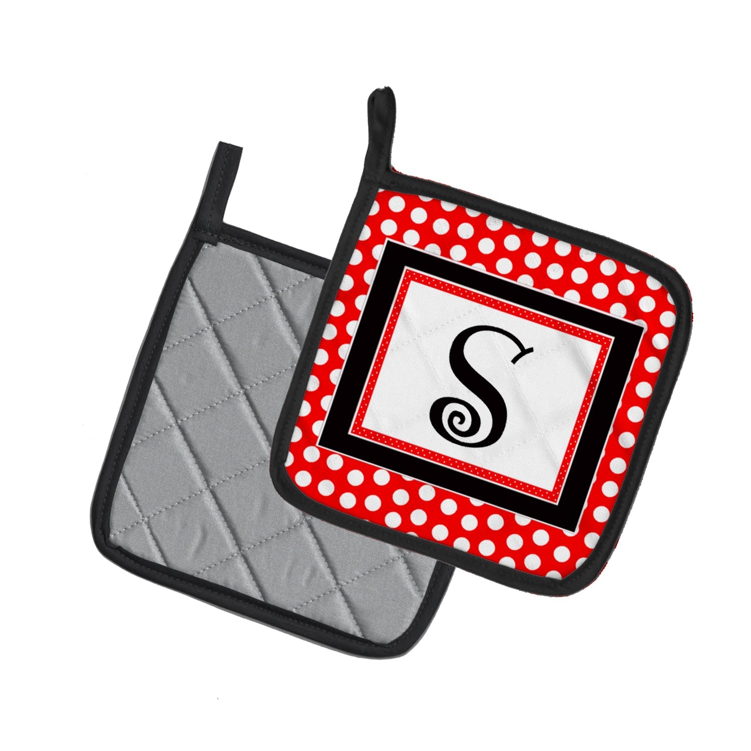 Letter S Initial  - Red Black Polka Dots Pot Holder Set of 2 Heat Resistant Quilted Hot Pads 7.5 x 7.5 Inch, Insulated Kitchen Trivets for Cooking & Baking
