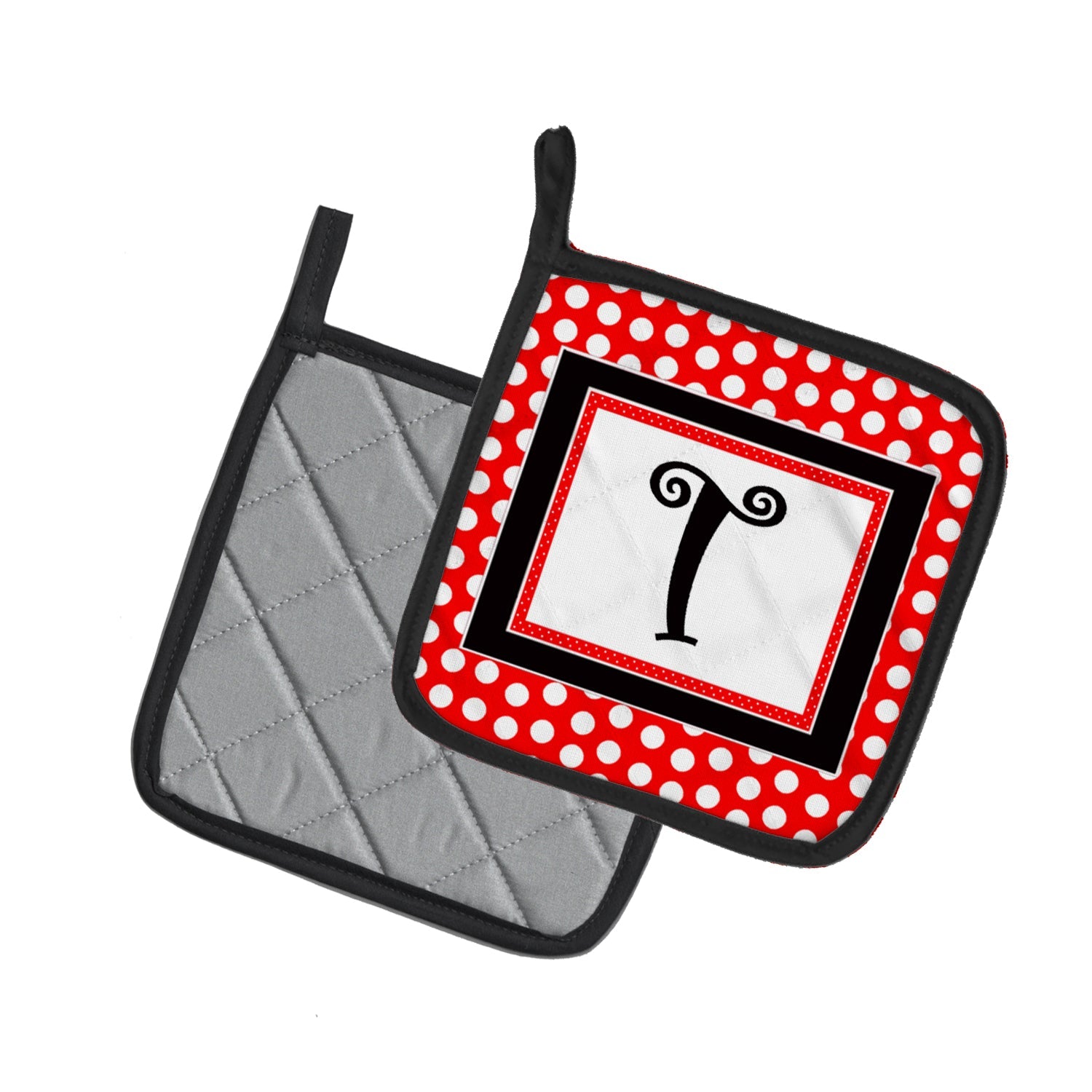 Letter T Initial  - Red Black Polka Dots Pot Holder Set of 2 Heat Resistant Quilted Hot Pads 7.5 x 7.5 Inch, Insulated Kitchen Trivets for Cooking & Baking