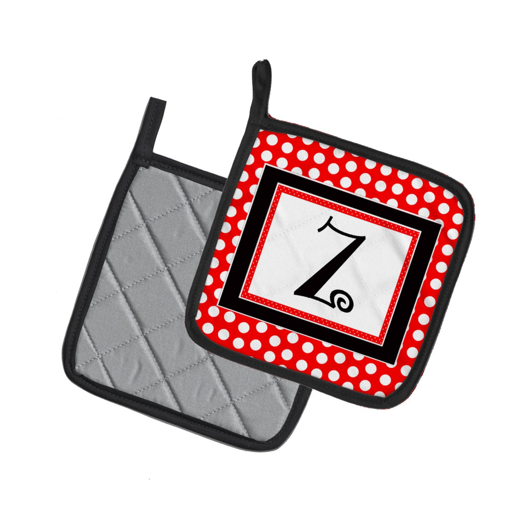 Letter Z Initial  - Red Black Polka Dots Pot Holder Set of 2 Heat Resistant Quilted Hot Pads 7.5 x 7.5 Inch, Insulated Kitchen Trivets for Cooking & Baking