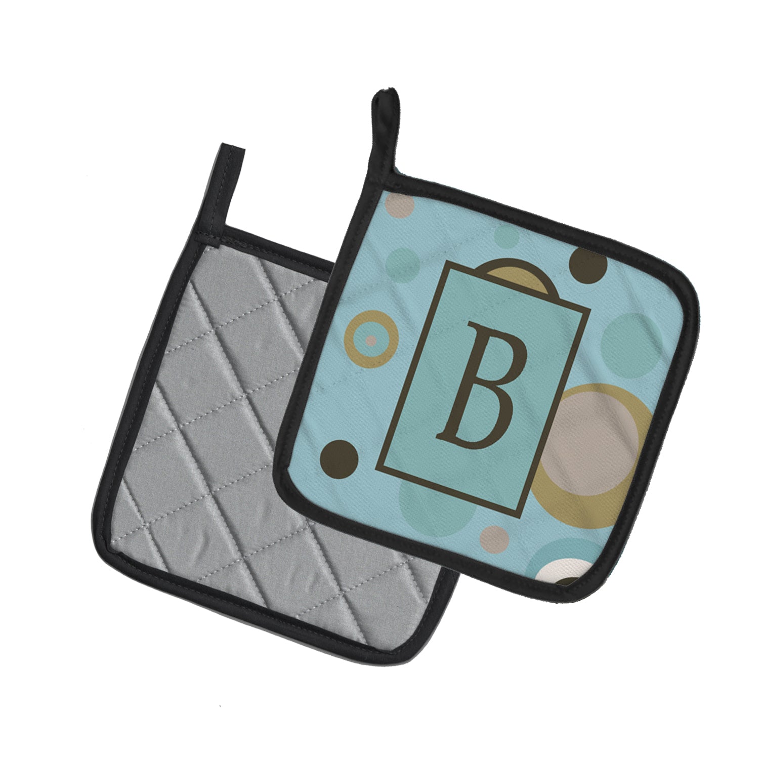 Letter B Initial Monogram - Blue Dots Pot Holder Set of 2 Heat Resistant Quilted Hot Pads 7.5 x 7.5 Inch, Insulated Kitchen Trivets for Cooking & Baking
