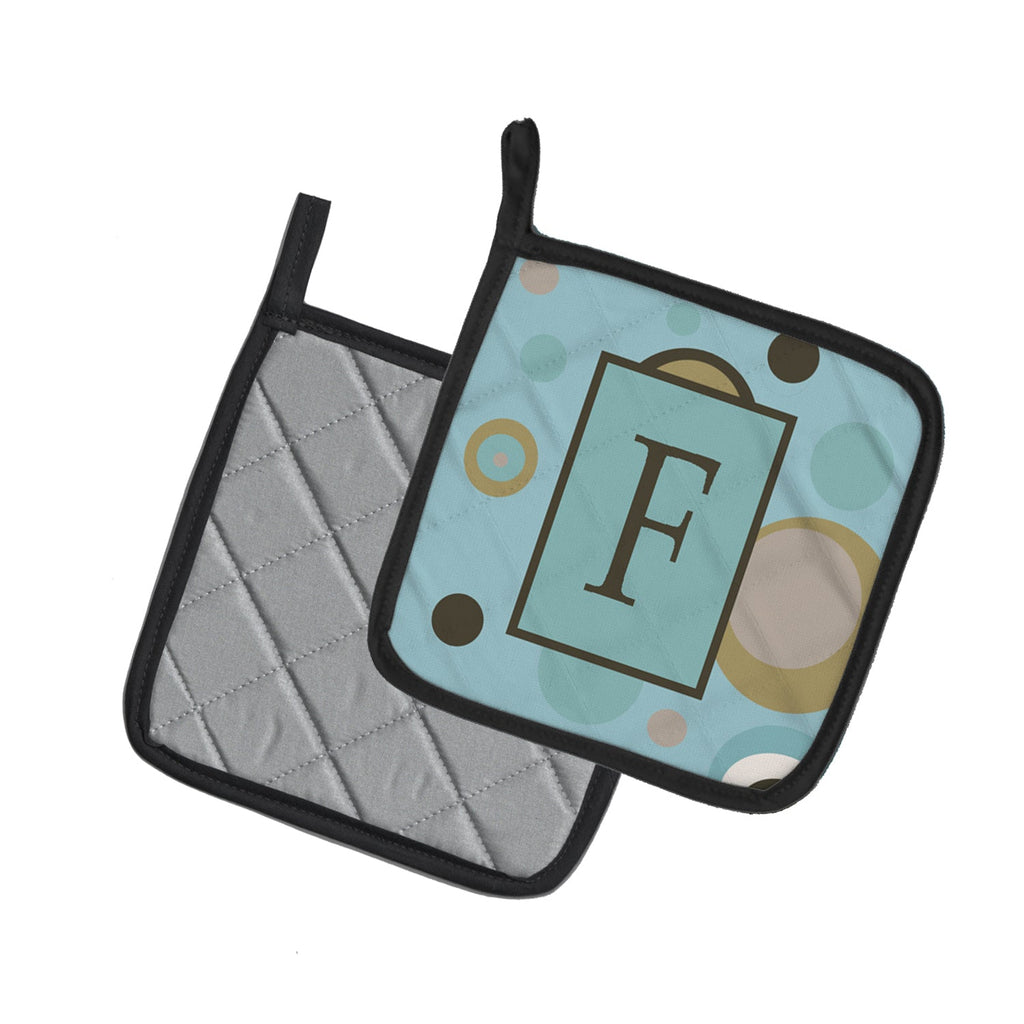 Letter F Initial Monogram - Blue Dots Pot Holder Set of 2 Heat Resistant Quilted Hot Pads 7.5 x 7.5 Inch, Insulated Kitchen Trivets for Cooking & Baking