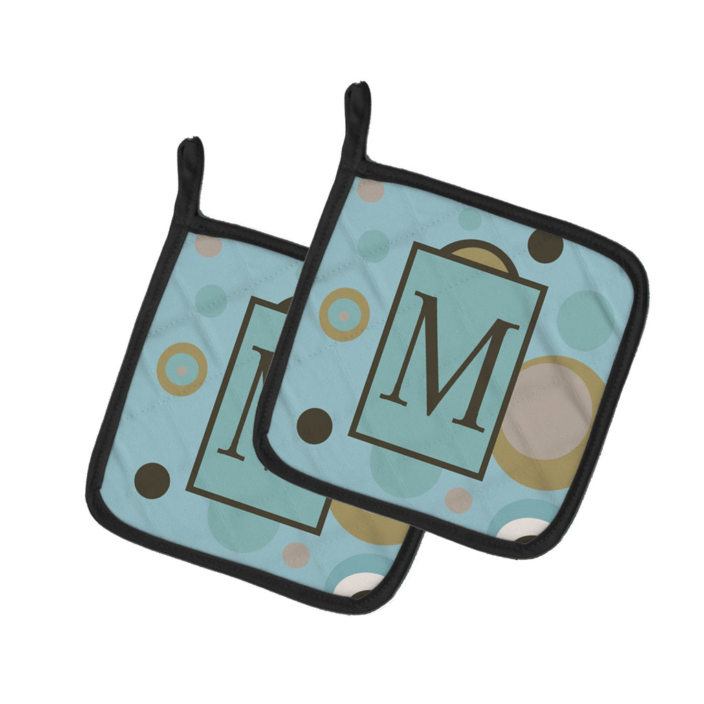 Letter M Initial Monogram - Blue Dots Pot Holder Set of 2 Heat Resistant Quilted Hot Pads 7.5 x 7.5 Inch, Insulated Kitchen Trivets for Cooking & Baking