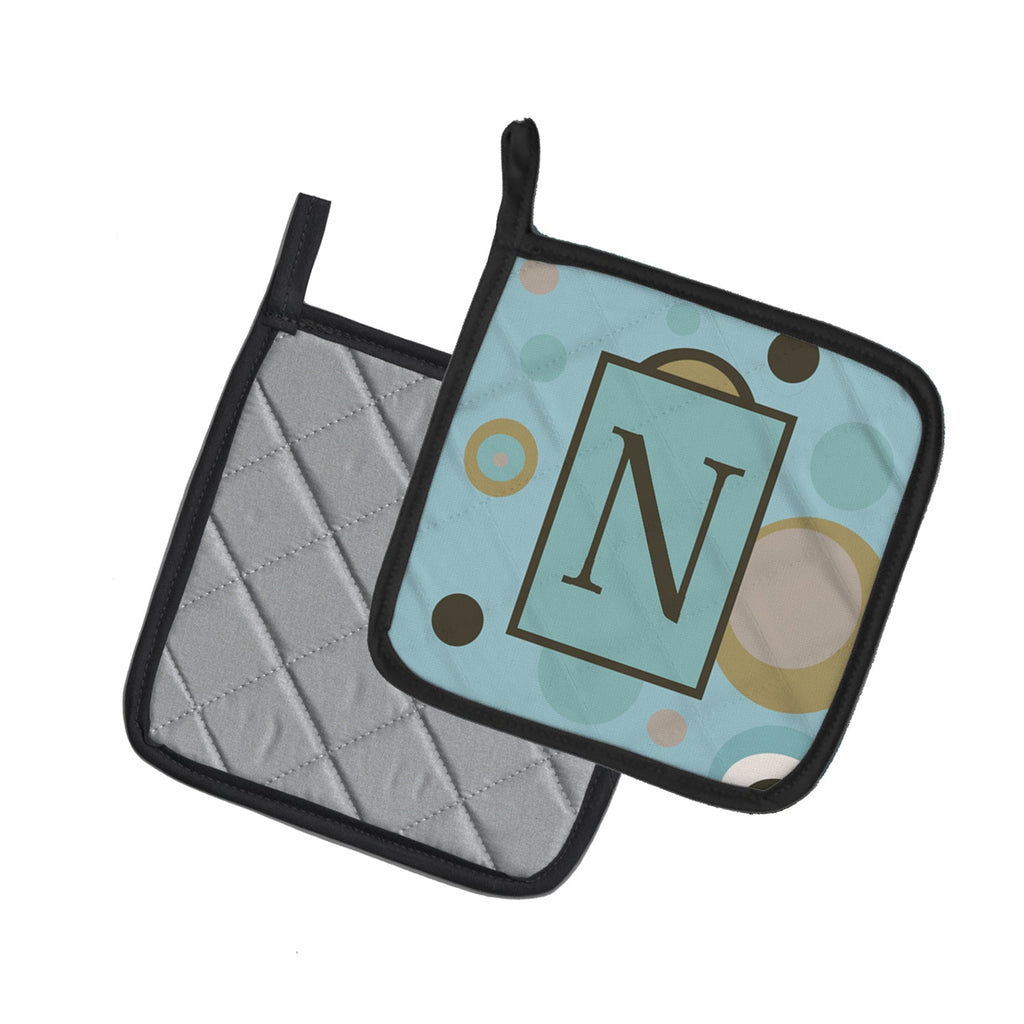 Letter N Initial Monogram - Blue Dots Pot Holder Set of 2 Heat Resistant Quilted Hot Pads 7.5 x 7.5 Inch, Insulated Kitchen Trivets for Cooking & Baking