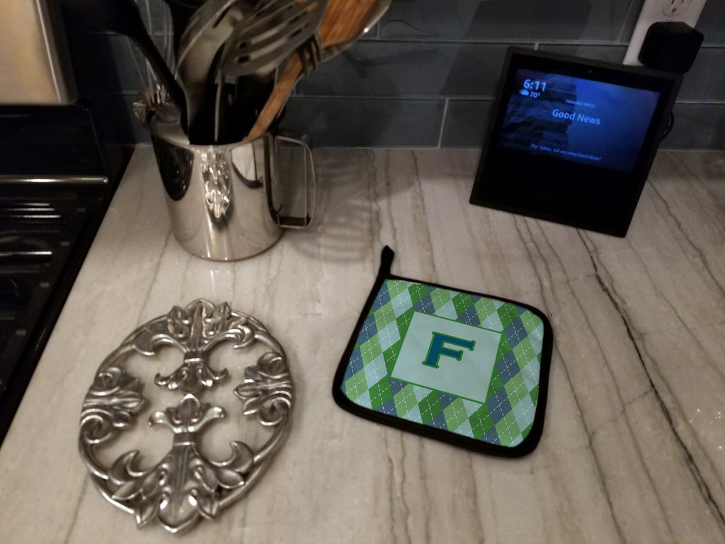 Letter F Initial Monogram - Blue Argoyle Pot Holder Set of 2 Heat Resistant Quilted Hot Pads 7.5 x 7.5 Inch, Insulated Kitchen Trivets for Cooking & Baking