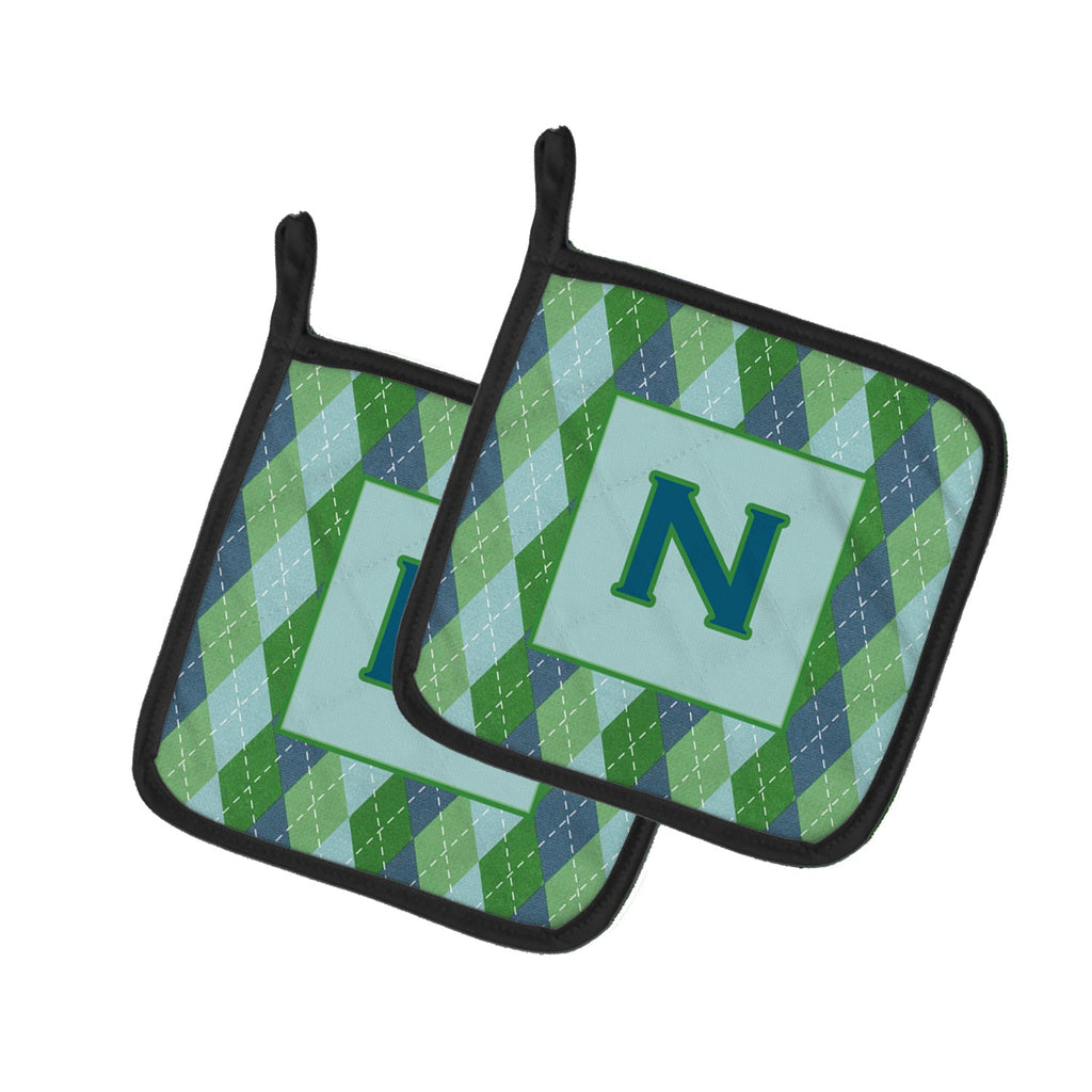 Letter N Initial Monogram - Blue Argoyle Pot Holder Set of 2 Heat Resistant Quilted Hot Pads 7.5 x 7.5 Inch, Insulated Kitchen Trivets for Cooking & Baking