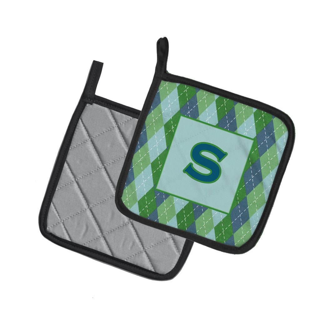 Letter S Initial Monogram - Blue Argoyle Pot Holder Set of 2 Heat Resistant Quilted Hot Pads 7.5 x 7.5 Inch, Insulated Kitchen Trivets for Cooking & Baking