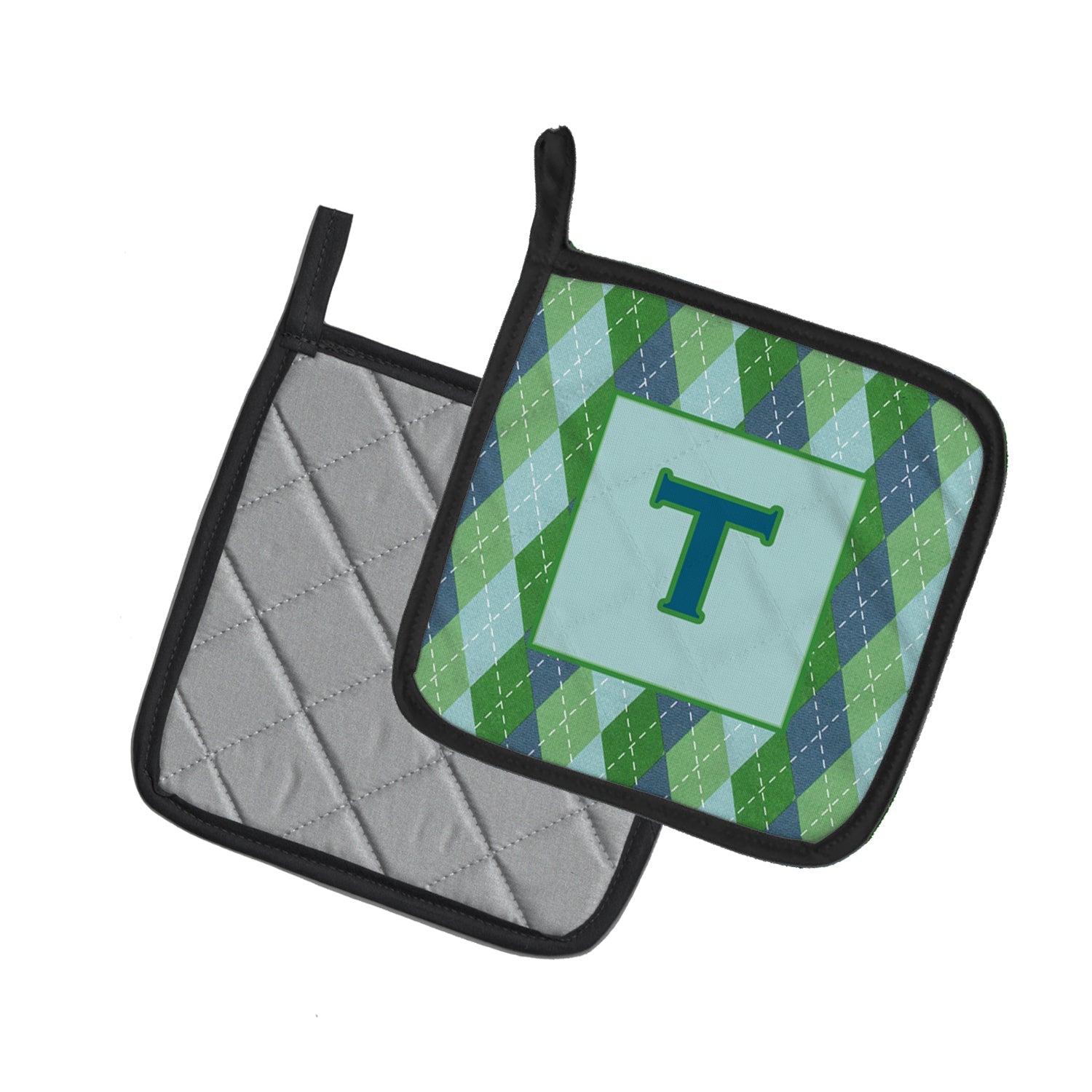 Letter T Initial Monogram - Blue Argoyle Pot Holder Set of 2 Heat Resistant Quilted Hot Pads 7.5 x 7.5 Inch, Insulated Kitchen Trivets for Cooking & Baking
