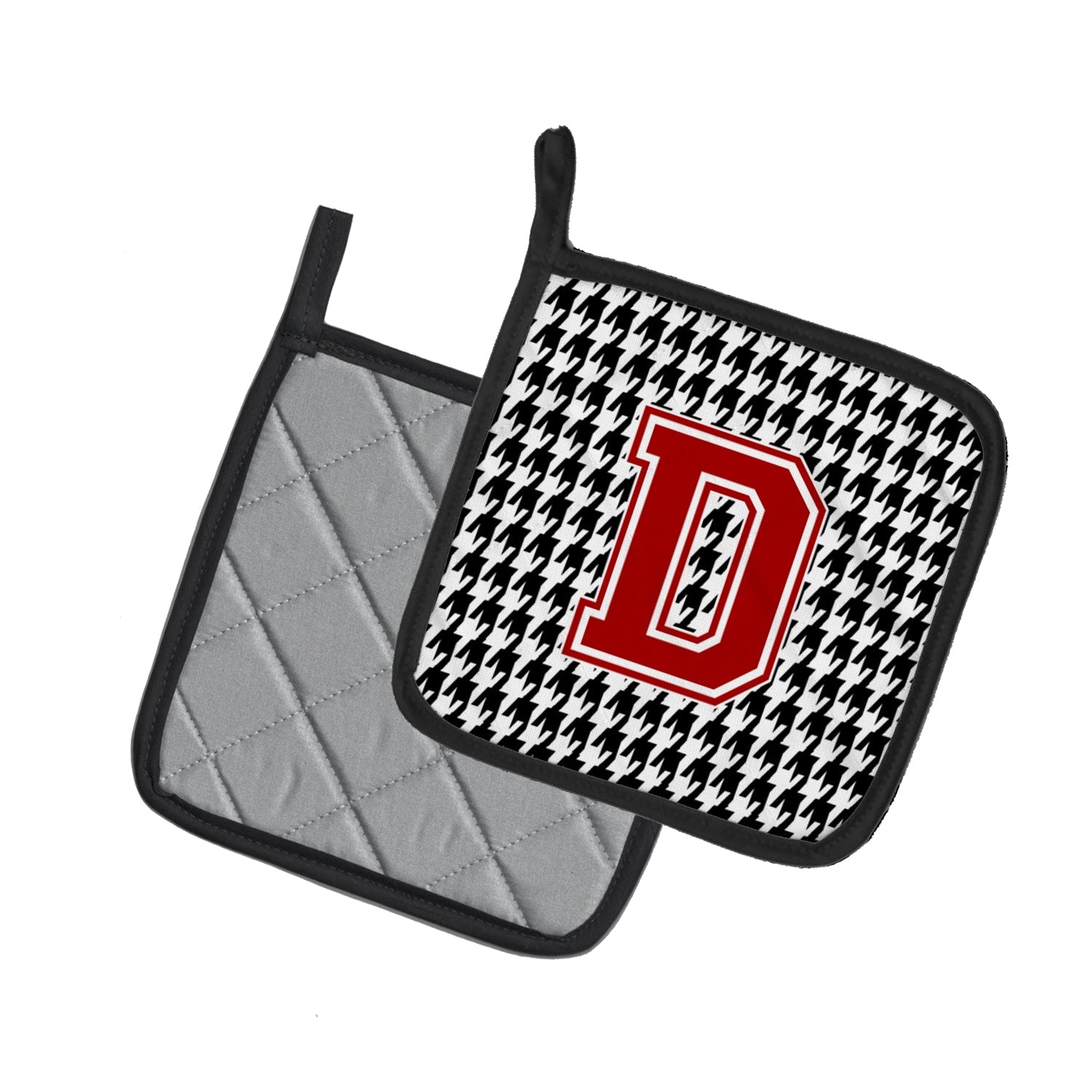 Letter D Monogram - Houndstooth Black Pot Holder Set of 2 Heat Resistant Quilted Hot Pads 7.5 x 7.5 Inch, Insulated Kitchen Trivets for Cooking & Baking