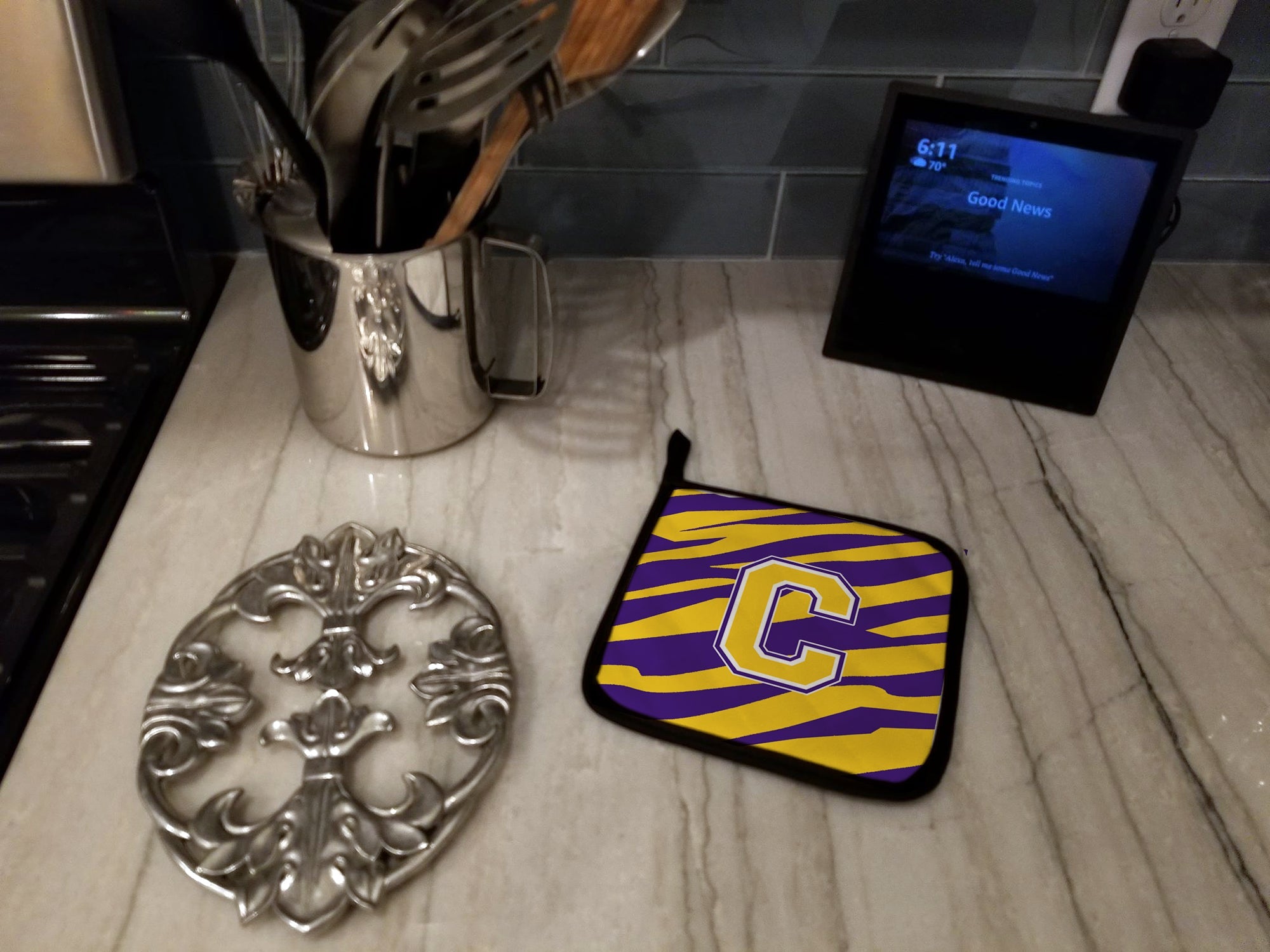 Letter C Monogram - Tiger Stripe - Purple Gold Pot Holder Set of 2 Heat Resistant Quilted Hot Pads 7.5 x 7.5 Inch, Insulated Kitchen Trivets for Cooking & Baking