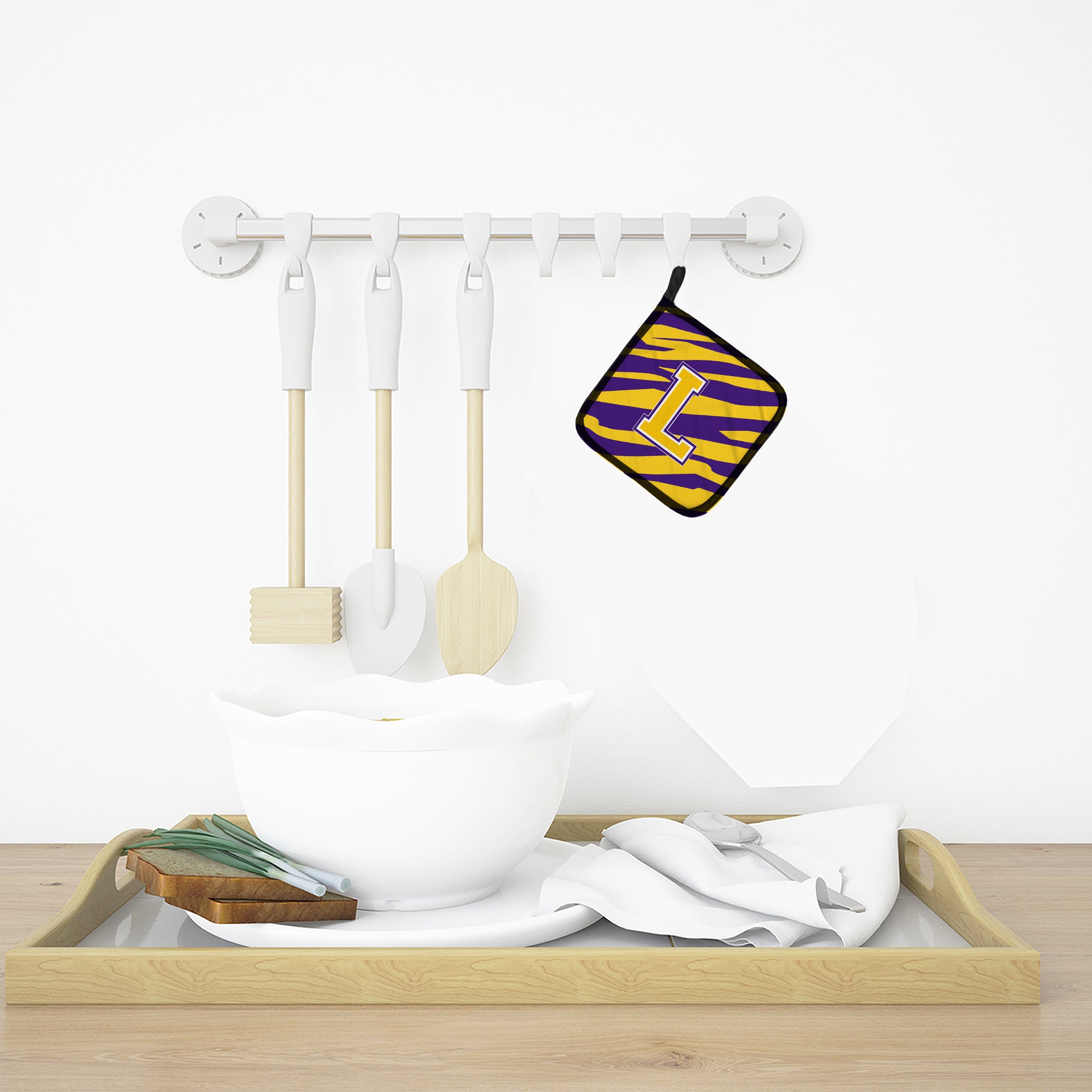 Letter L Monogram - Tiger Stripe - Purple Gold Pot Holder Set of 2 Heat Resistant Quilted Hot Pads 7.5 x 7.5 Inch, Insulated Kitchen Trivets for Cooking & Baking