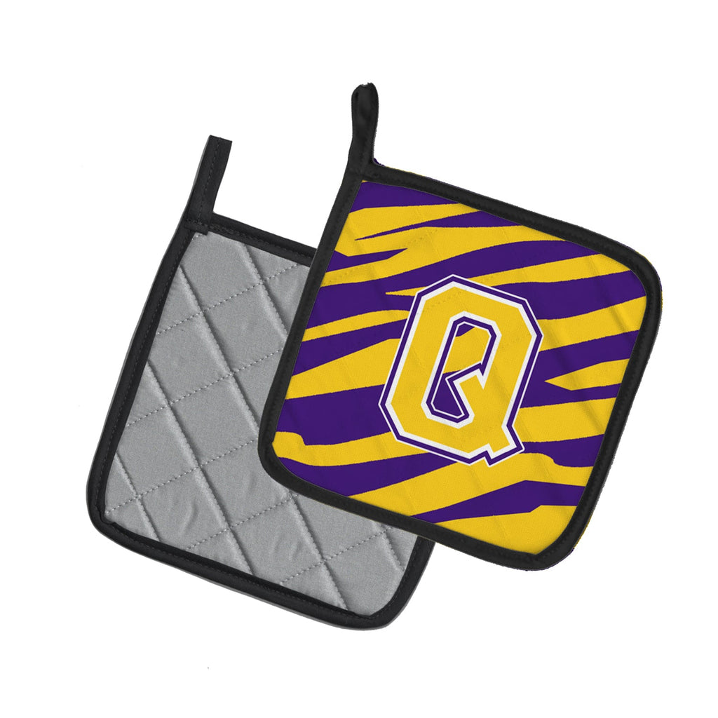 Letter Q Monogram - Tiger Stripe - Purple Gold Pot Holder Set of 2 Heat Resistant Quilted Hot Pads 7.5 x 7.5 Inch, Insulated Kitchen Trivets for Cooking & Baking