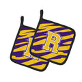 Letter R Monogram - Tiger Stripe - Purple Gold Pot Holder Set of 2 Heat Resistant Quilted Hot Pads 7.5 x 7.5 Inch, Insulated Kitchen Trivets for Cooking & Baking
