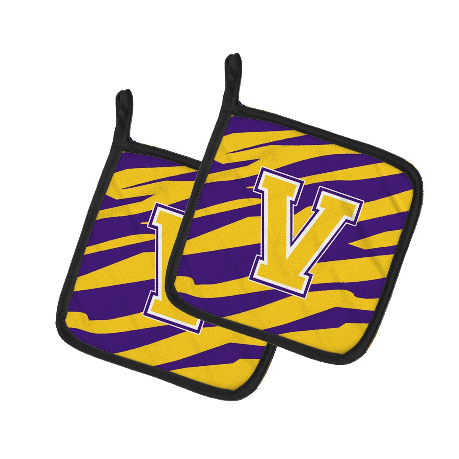 Letter V Monogram - Tiger Stripe - Purple Gold Pot Holder Set of 2 Heat Resistant Quilted Hot Pads 7.5 x 7.5 Inch, Insulated Kitchen Trivets for Cooking & Baking