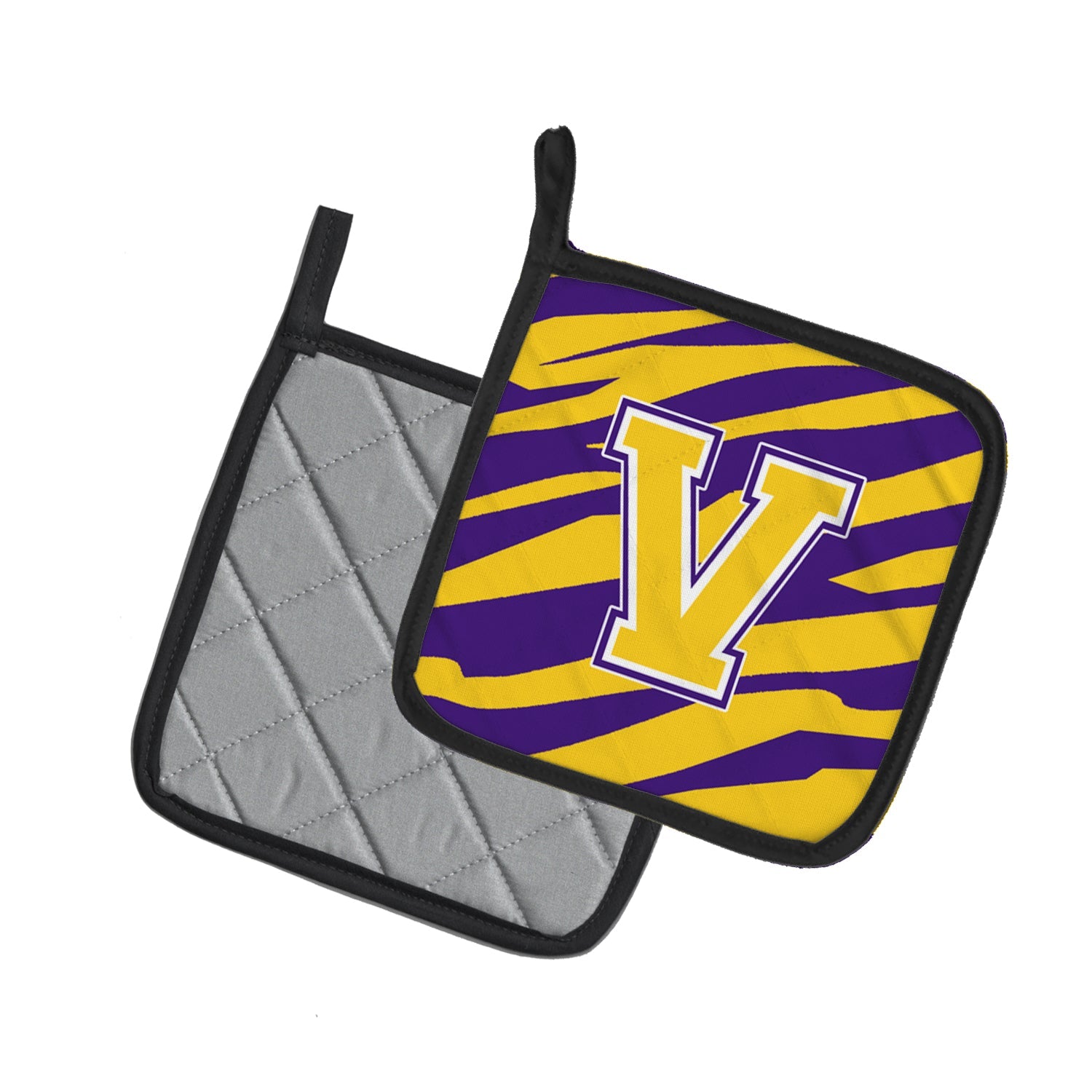 Letter V Monogram - Tiger Stripe - Purple Gold Pot Holder Set of 2 Heat Resistant Quilted Hot Pads 7.5 x 7.5 Inch, Insulated Kitchen Trivets for Cooking & Baking