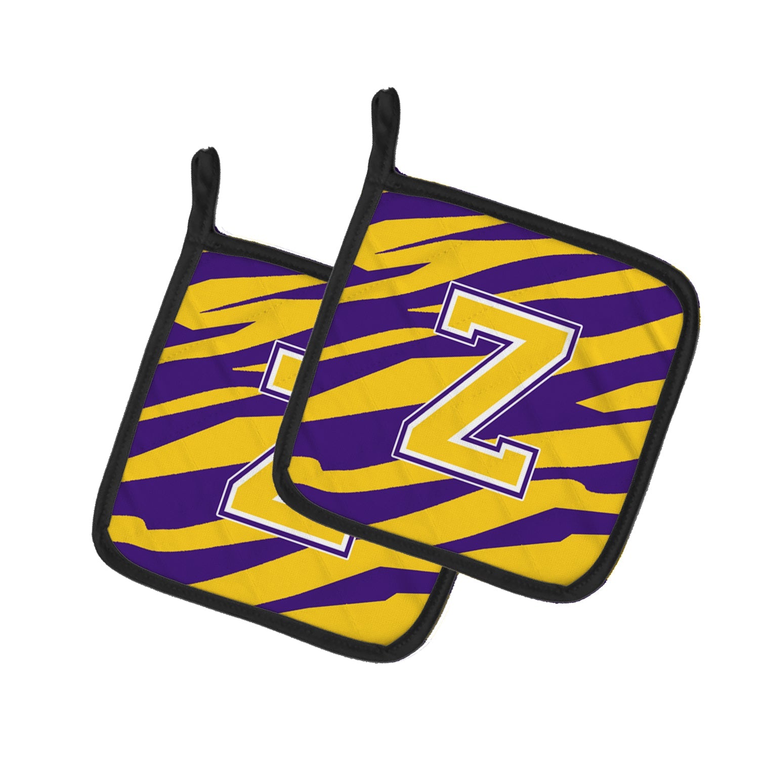 Letter Z Monogram - Tiger Stripe - Purple Gold Pot Holder Set of 2 Heat Resistant Quilted Hot Pads 7.5 x 7.5 Inch, Insulated Kitchen Trivets for Cooking & Baking