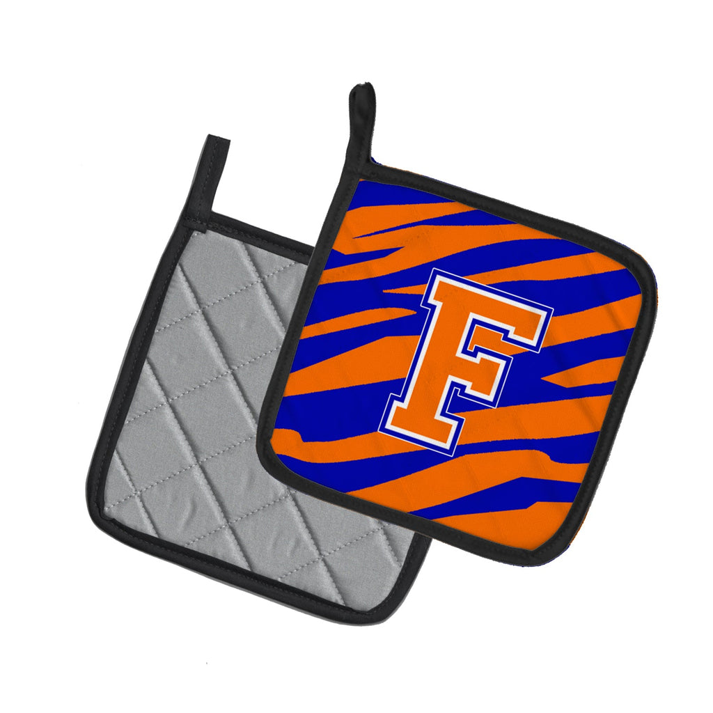 Letter F Initial Tiger Stripe - Blue Orange  Pot Holder Set of 2 Heat Resistant Quilted Hot Pads 7.5 x 7.5 Inch, Insulated Kitchen Trivets for Cooking & Baking