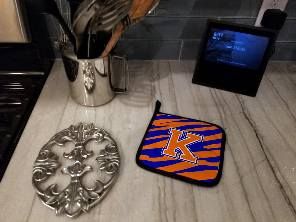 Letter K Initial  Tiger Stripe - Blue Orange  Pot Holder Set of 2 Heat Resistant Quilted Hot Pads 7.5 x 7.5 Inch, Insulated Kitchen Trivets for Cooking & Baking
