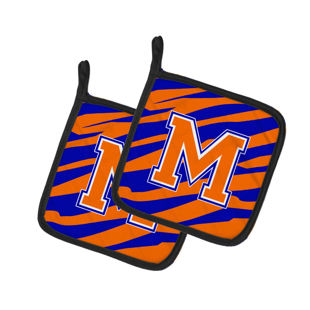 Letter M Initial Tiger Stripe - Blue Orange  Pot Holder Set of 2 Heat Resistant Quilted Hot Pads 7.5 x 7.5 Inch, Insulated Kitchen Trivets for Cooking & Baking