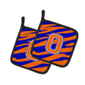 Letter O Initial Tiger Stripe - Blue Orange  Pot Holder Set of 2 Heat Resistant Quilted Hot Pads 7.5 x 7.5 Inch, Insulated Kitchen Trivets for Cooking & Baking