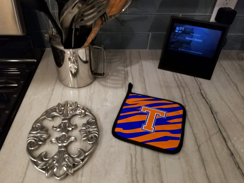 Letter T Initial Tiger Stripe - Blue Orange  Pot Holder Set of 2 Heat Resistant Quilted Hot Pads 7.5 x 7.5 Inch, Insulated Kitchen Trivets for Cooking & Baking