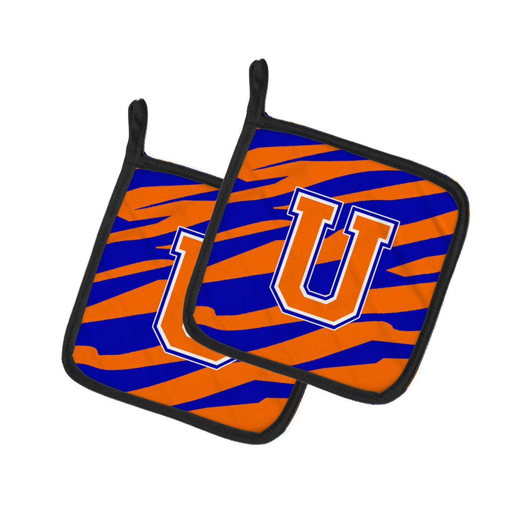 Letter U Initial Tiger Stripe - Blue Orange  Pot Holder Set of 2 Heat Resistant Quilted Hot Pads 7.5 x 7.5 Inch, Insulated Kitchen Trivets for Cooking & Baking