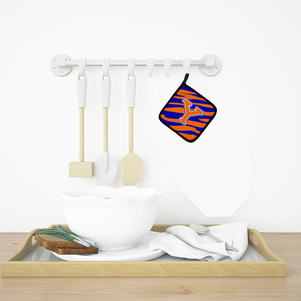 Letter Y Initial Tiger Stripe - Blue Orange  Pot Holder Set of 2 Heat Resistant Quilted Hot Pads 7.5 x 7.5 Inch, Insulated Kitchen Trivets for Cooking & Baking