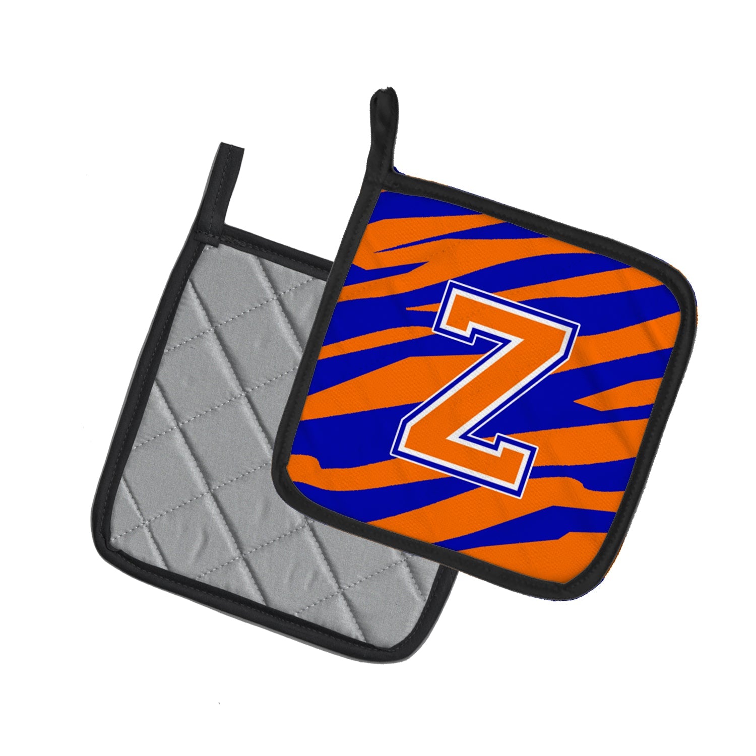 Letter Z Initial Tiger Stripe - Blue Orange  Pot Holder Set of 2 Heat Resistant Quilted Hot Pads 7.5 x 7.5 Inch, Insulated Kitchen Trivets for Cooking & Baking