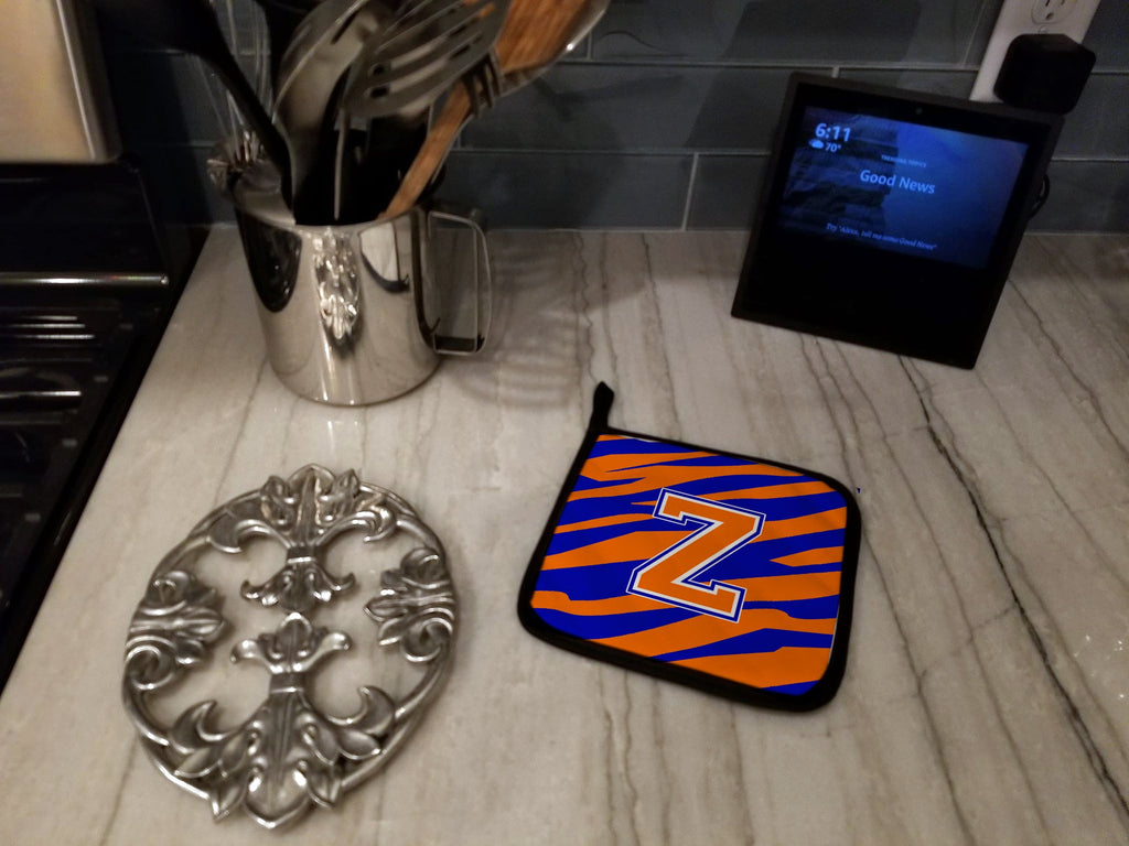 Letter Z Initial Tiger Stripe - Blue Orange  Pot Holder Set of 2 Heat Resistant Quilted Hot Pads 7.5 x 7.5 Inch, Insulated Kitchen Trivets for Cooking & Baking