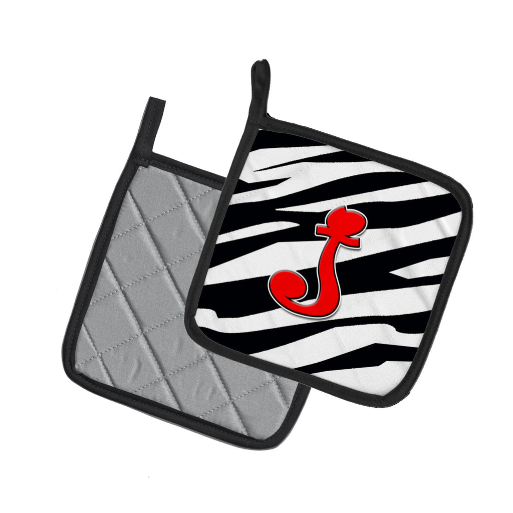 Letter J Initial Monogram - Zebra Red Pot Holder Set of 2 Heat Resistant Quilted Hot Pads 7.5 x 7.5 Inch, Insulated Kitchen Trivets for Cooking & Baking
