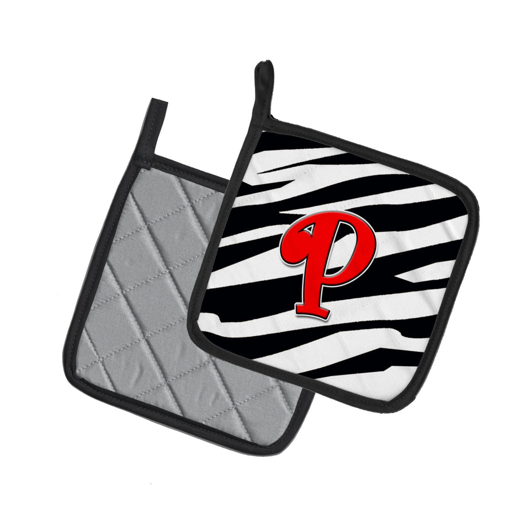 Letter P Initial Monogram - Zebra Red Pot Holder Set of 2 Heat Resistant Quilted Hot Pads 7.5 x 7.5 Inch, Insulated Kitchen Trivets for Cooking & Baking
