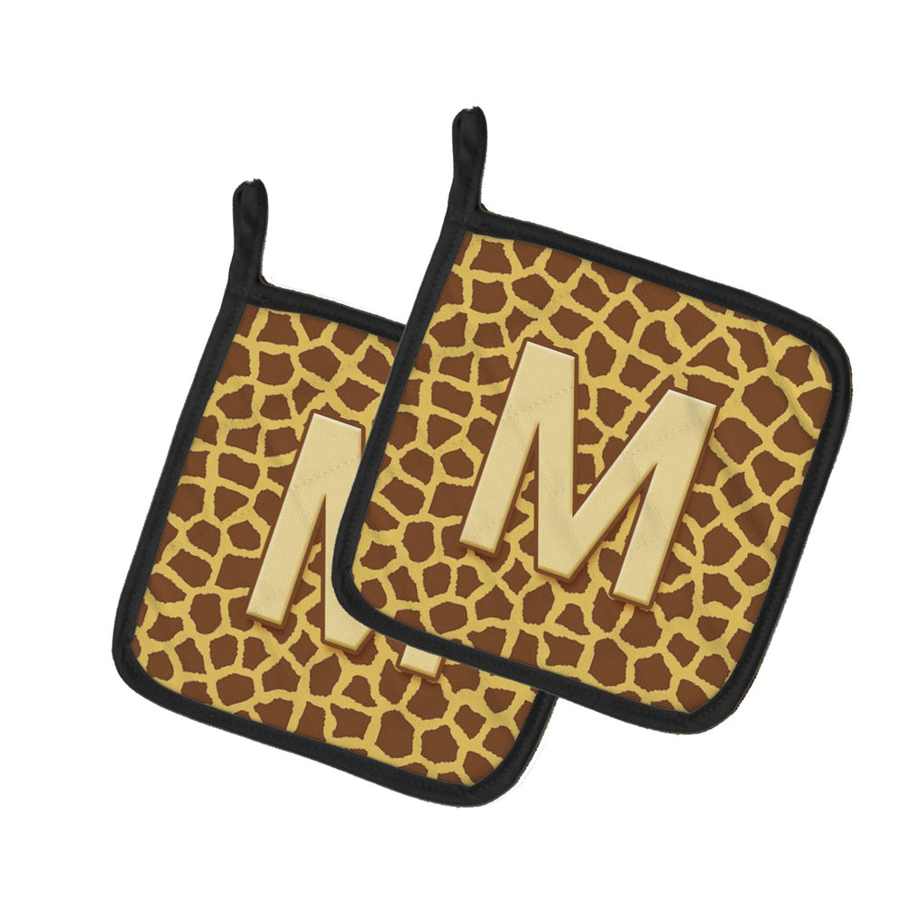 Letter M Initial Monogram - Giraffe Pot Holder Set of 2 Heat Resistant Quilted Hot Pads 7.5 x 7.5 Inch, Insulated Kitchen Trivets for Cooking & Baking