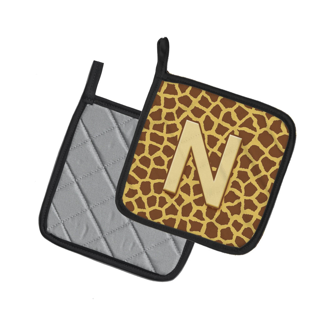 Letter N Initial Monogram - Giraffe Pot Holder Set of 2 Heat Resistant Quilted Hot Pads 7.5 x 7.5 Inch, Insulated Kitchen Trivets for Cooking & Baking
