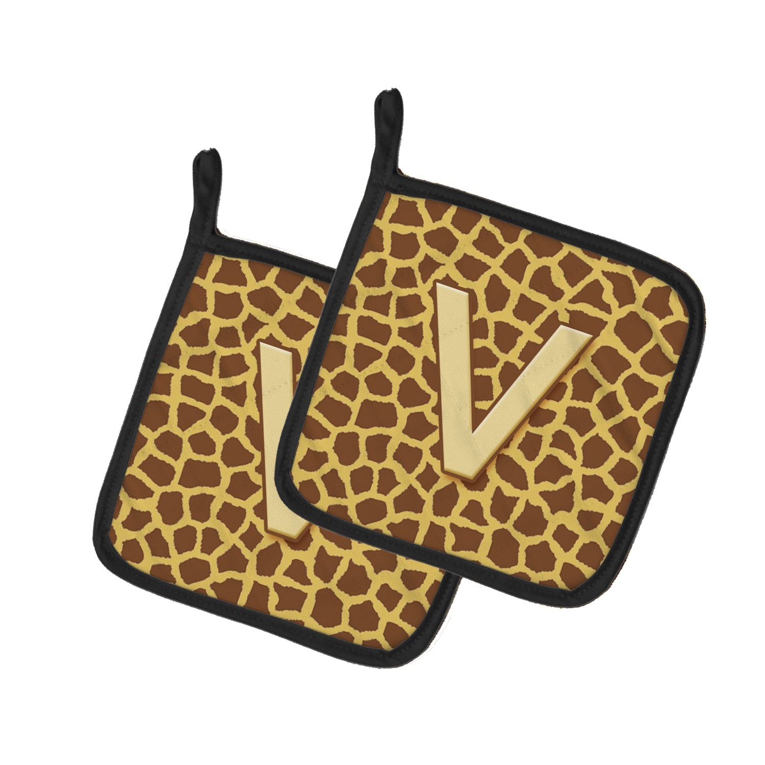 Letter V Initial Monogram - Giraffe Pot Holder Set of 2 Heat Resistant Quilted Hot Pads 7.5 x 7.5 Inch, Insulated Kitchen Trivets for Cooking & Baking