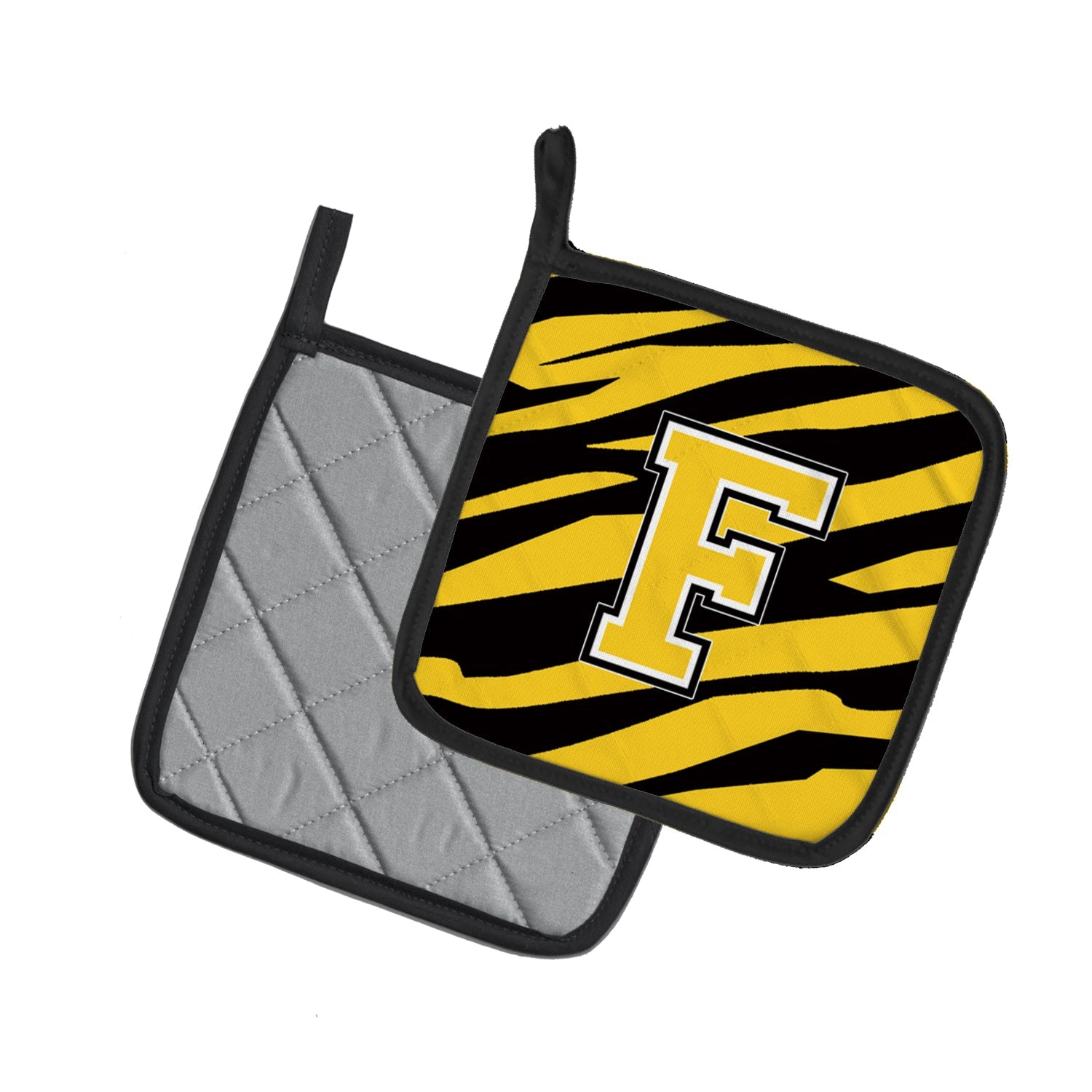 Letter F Initial Tiger Stripe - Black Gold  Pot Holder Set of 2 Heat Resistant Quilted Hot Pads 7.5 x 7.5 Inch, Insulated Kitchen Trivets for Cooking & Baking