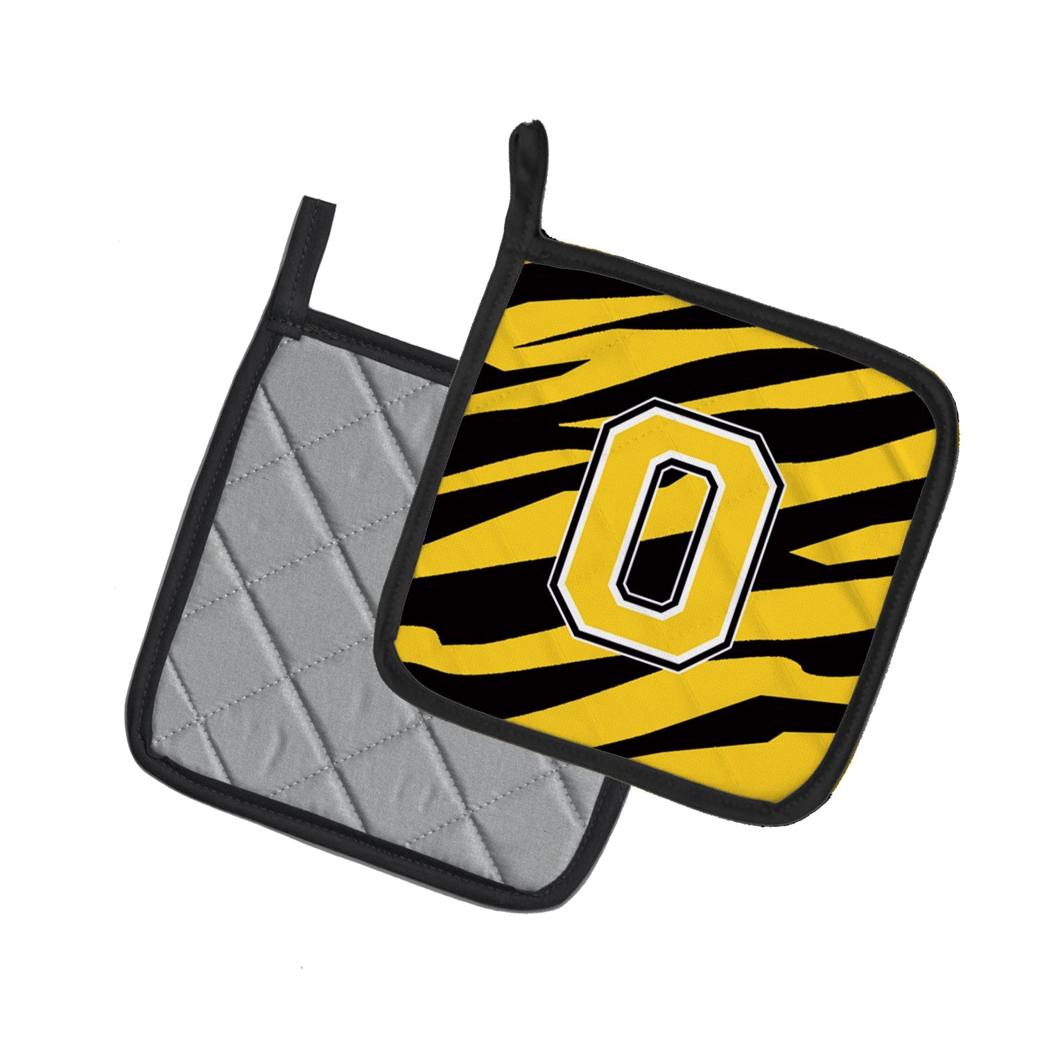 Letter O Initial Tiger Stripe - Black Gold  Pot Holder Set of 2 Heat Resistant Quilted Hot Pads 7.5 x 7.5 Inch, Insulated Kitchen Trivets for Cooking & Baking