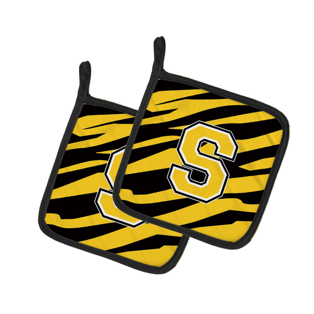 Letter S Initial Tiger Stripe - Black Gold  Pot Holder Set of 2 Heat Resistant Quilted Hot Pads 7.5 x 7.5 Inch, Insulated Kitchen Trivets for Cooking & Baking