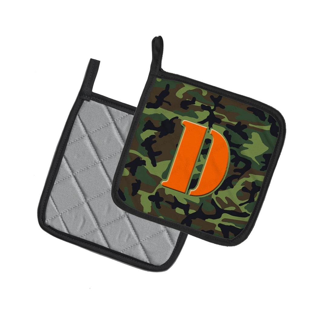 Letter D Monogram - Camo Green Pot Holder Set of 2 Heat Resistant Quilted Hot Pads 7.5 x 7.5 Inch, Insulated Kitchen Trivets for Cooking & Baking