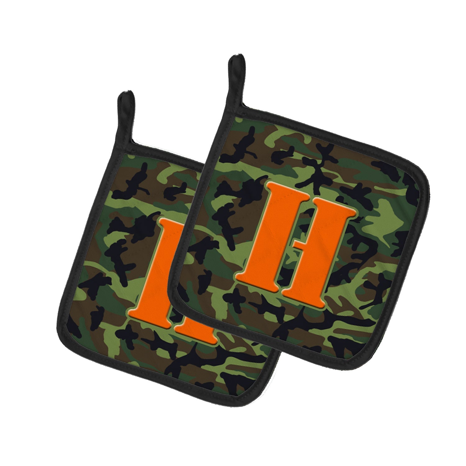 Letter H Monogram - Camo Green Pot Holder Set of 2 Heat Resistant Quilted Hot Pads 7.5 x 7.5 Inch, Insulated Kitchen Trivets for Cooking & Baking