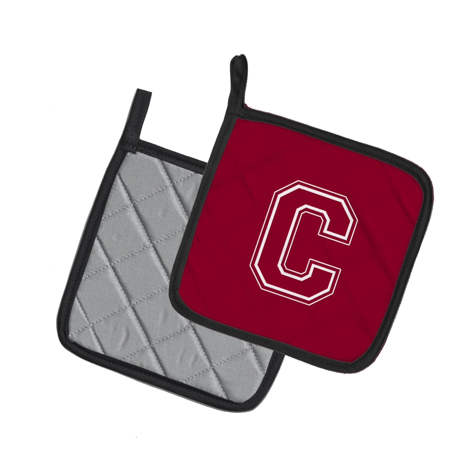 Letter C Initial Monogram - Maroon and White Pot Holder Set of 2 Heat Resistant Quilted Hot Pads 7.5 x 7.5 Inch, Insulated Kitchen Trivets for Cooking & Baking