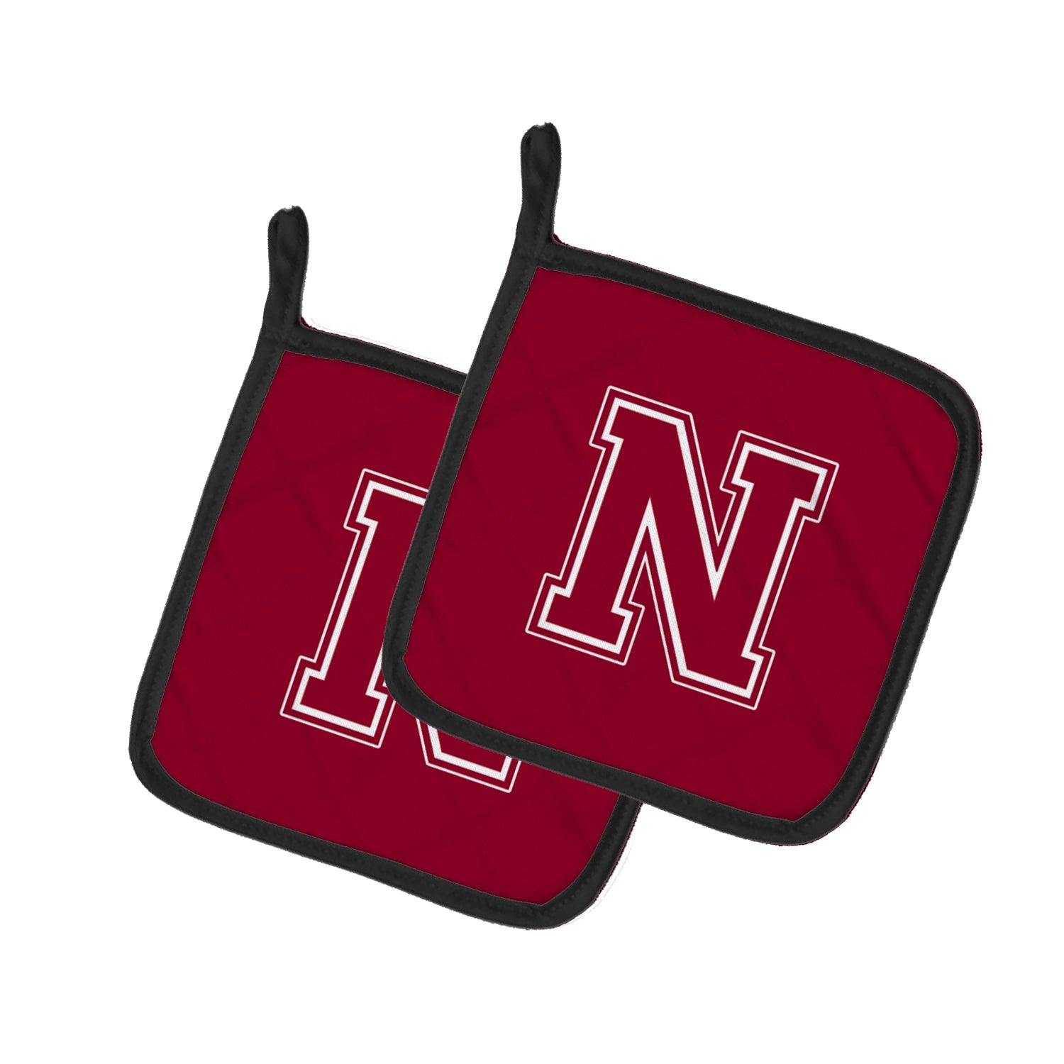 Letter N Initial Monogram - Maroon and White Pot Holder Set of 2 Heat Resistant Quilted Hot Pads 7.5 x 7.5 Inch, Insulated Kitchen Trivets for Cooking & Baking