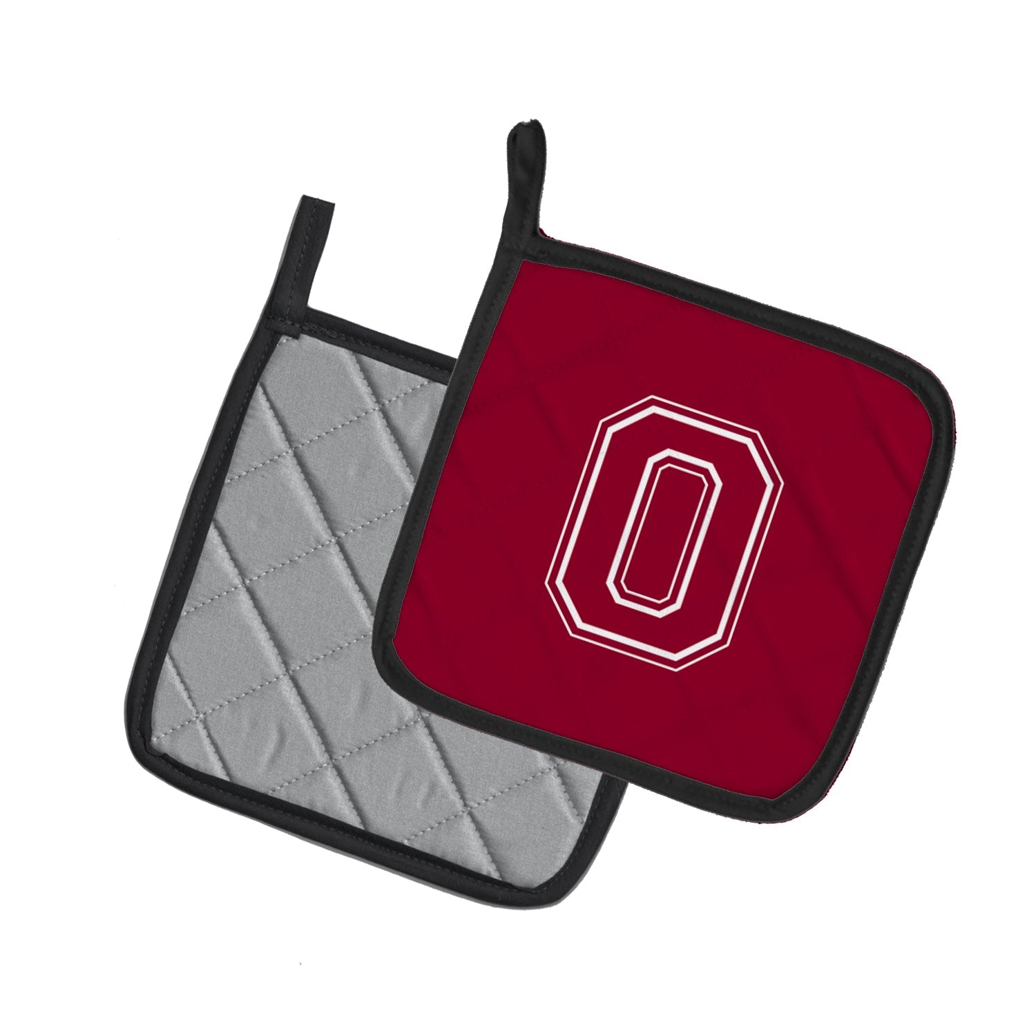 Letter O Initial Monogram - Maroon and White Pot Holder Set of 2 Heat Resistant Quilted Hot Pads 7.5 x 7.5 Inch, Insulated Kitchen Trivets for Cooking & Baking