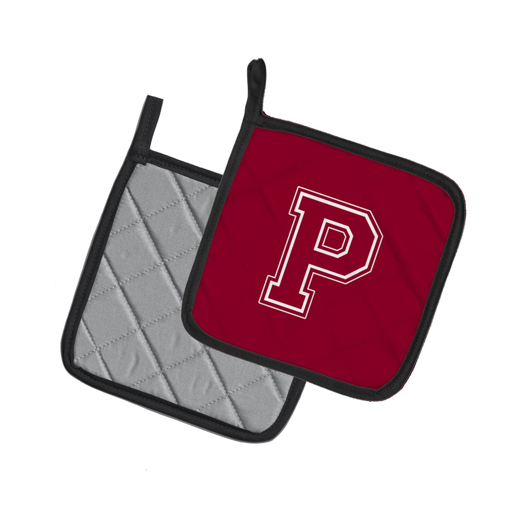 Letter P Initial Monogram - Maroon and White Pot Holder Set of 2 Heat Resistant Quilted Hot Pads 7.5 x 7.5 Inch, Insulated Kitchen Trivets for Cooking & Baking