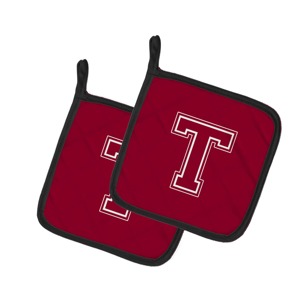 Letter T Initial Monogram - Maroon and White Pot Holder Set of 2 Heat Resistant Quilted Hot Pads 7.5 x 7.5 Inch, Insulated Kitchen Trivets for Cooking & Baking