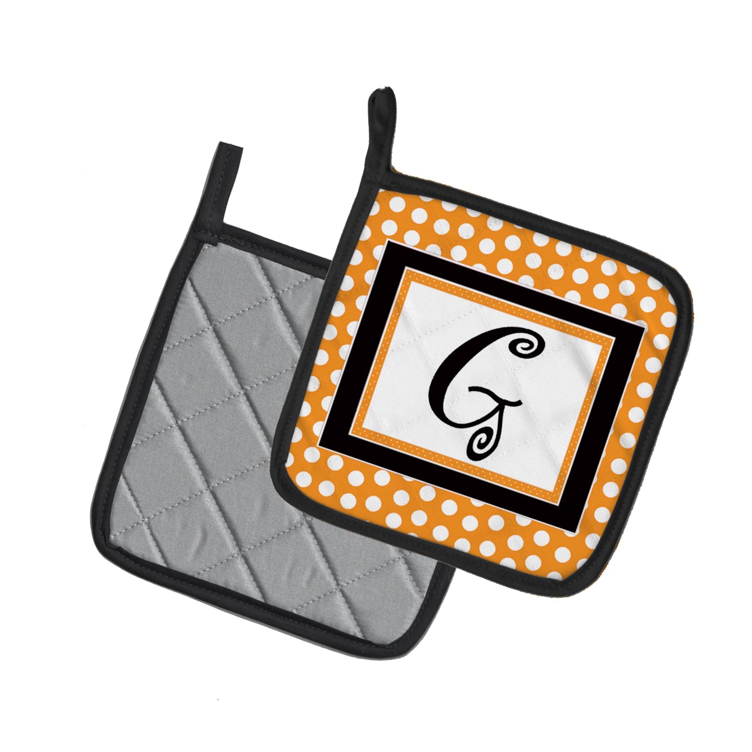 Letter G Initial Monogram - Orange Polkadots Pot Holder Set of 2 Heat Resistant Quilted Hot Pads 7.5 x 7.5 Inch, Insulated Kitchen Trivets for Cooking & Baking